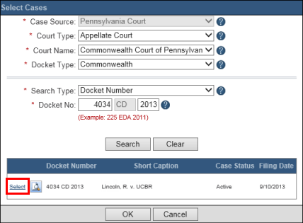 Choosing a case to file on using the Select link in the Select Cases popup.